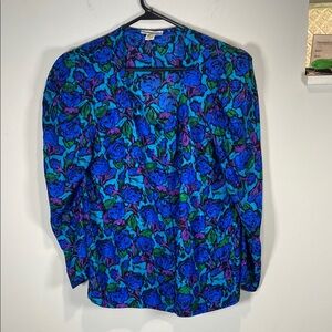 Vintage 100% Silk Floral Blue and Green Blouse